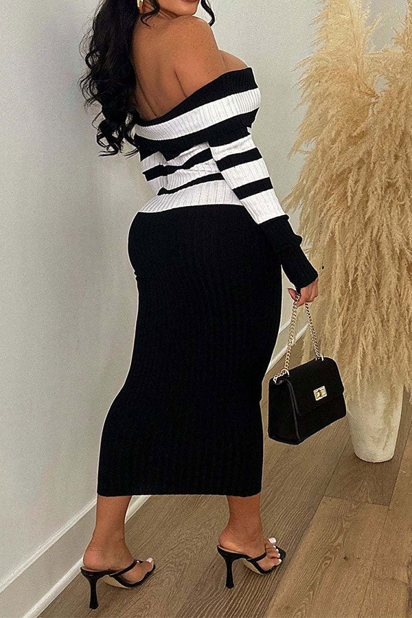 storexq Striped Classic Off Shoulder Midi Dress