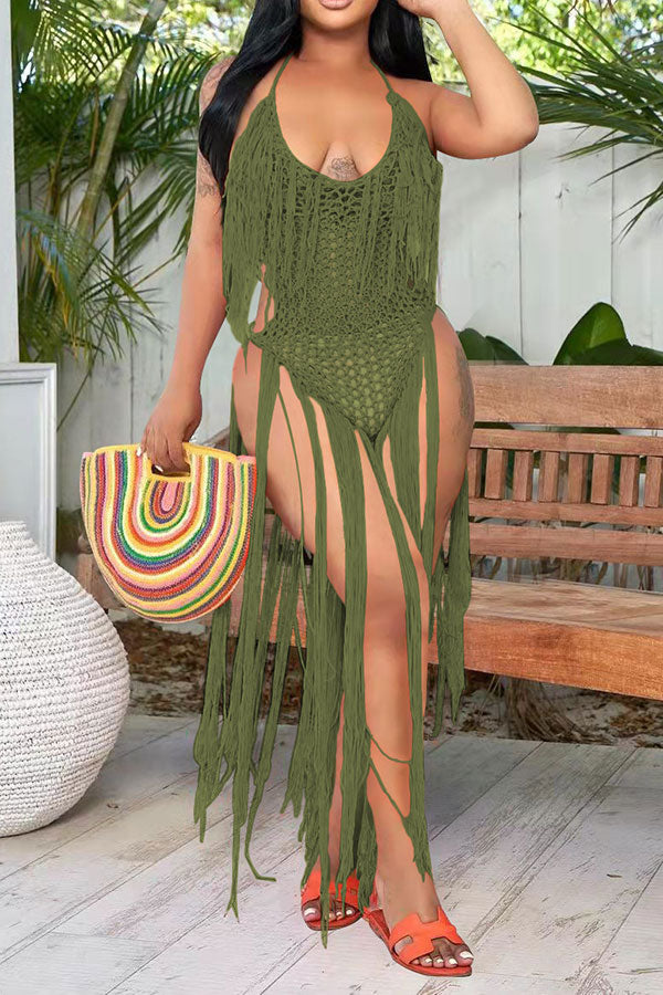 storexq Solid Color Backless Romantic Crochet Cutout Tassel Beachwear