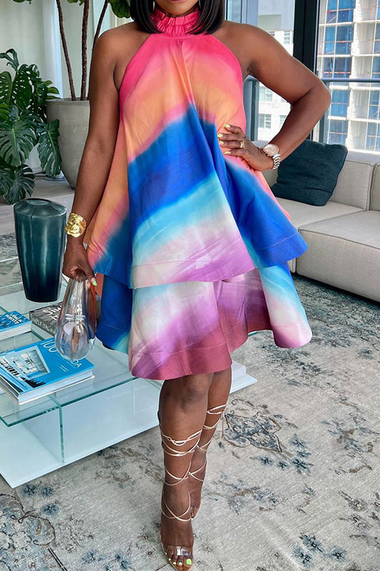 storexq Rainbow Gradient Halter Collar Stylish Tiered Midi Dress