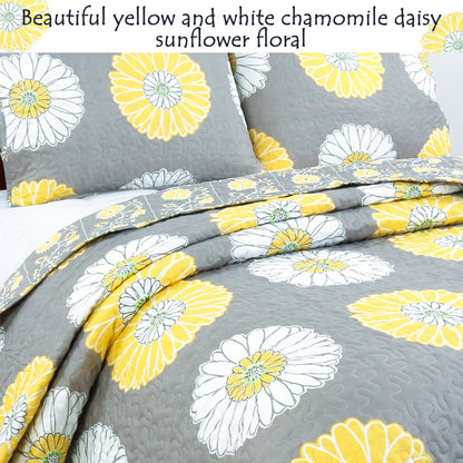 Anya Floral Yellow Grey Reversible Quilt Bedding Set, Lightweight Bedspread Coverlet for All Seasons