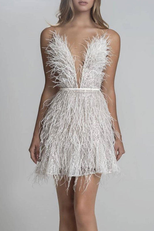 namcoverse Fluffy Boho Backless Mini Dress