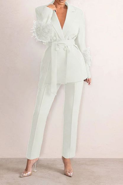 storexq Solid Color Feather Trim Elegant Belted Pant Suit