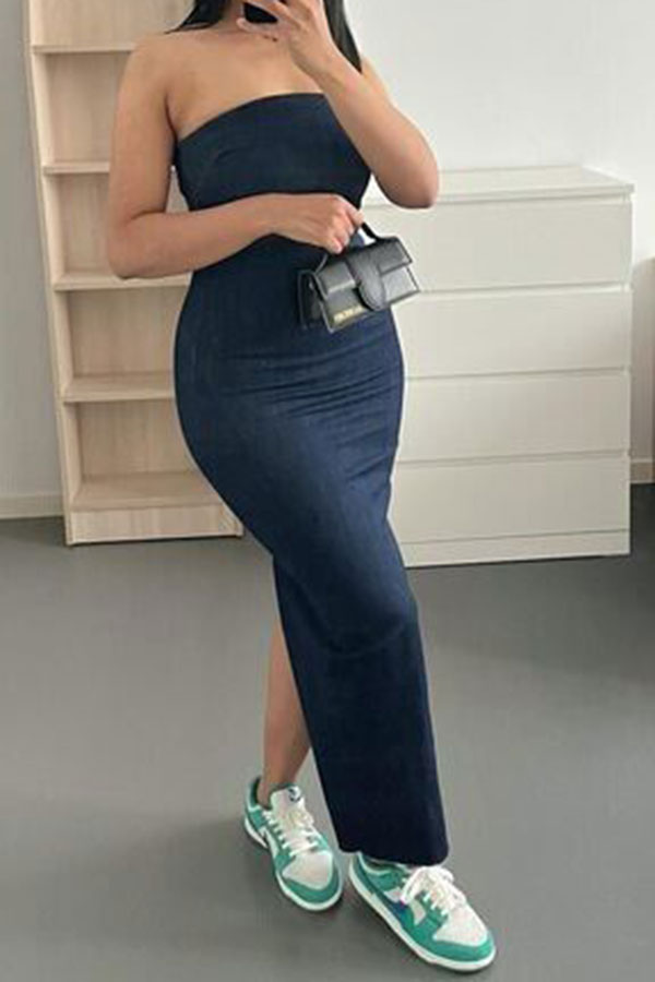 storexq Solid Color Flattering Split Back Denim Midi Dress