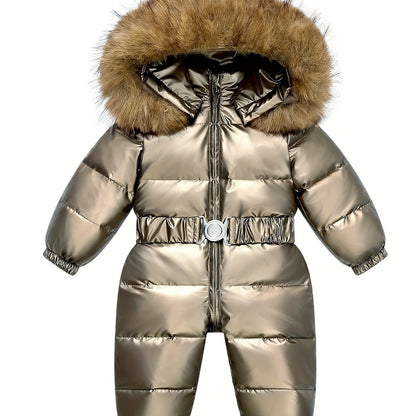 Baby's Warm Hooded Down Jacket, Thickened Long Sleeve Snowsuit With Zipper For Outdoor Wear