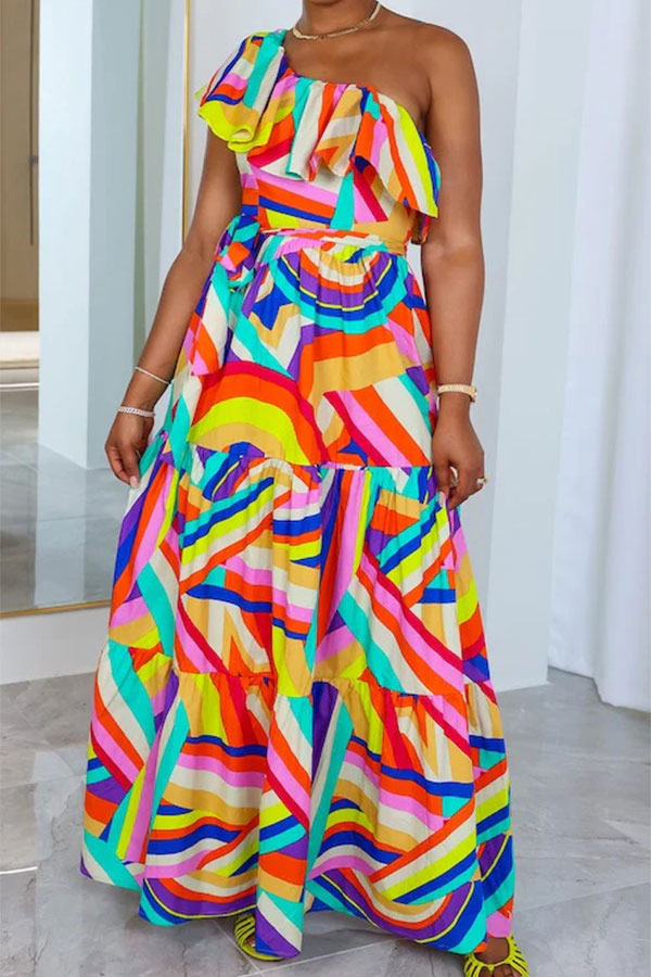 storexq Rainbow Striped Sweet Lace-Up Tiered Ruffle Maxi Dress