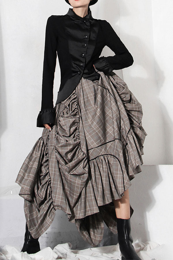 storexq Plaid Dramatic Ruffle Irregular Skirt