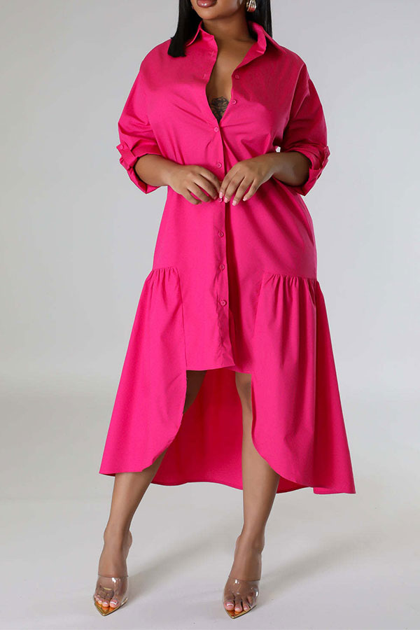 storexq Solid Color Shirt Collar Casual High Low Midi Dress