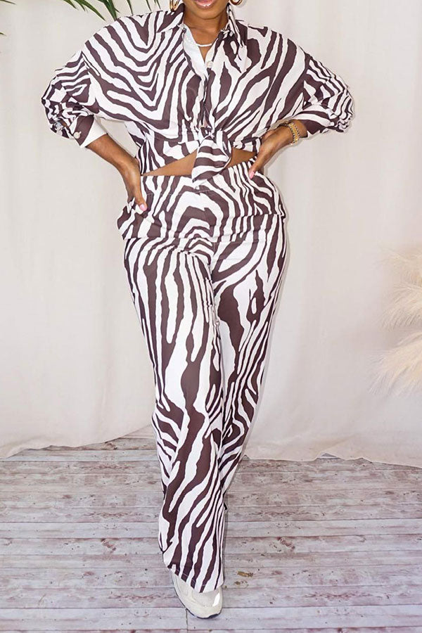 storexq Zebra Print Shirt Collar Stylish Pant Suit