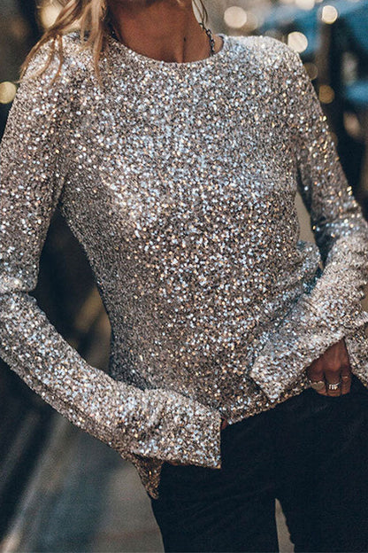 storexq Sequined Sparkly Round Neck Backless Blouse