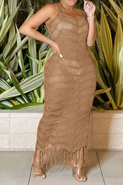 storexq Solid Color Sophisticated Jacquard Knitted Tassels Maxi Dress Beachwear