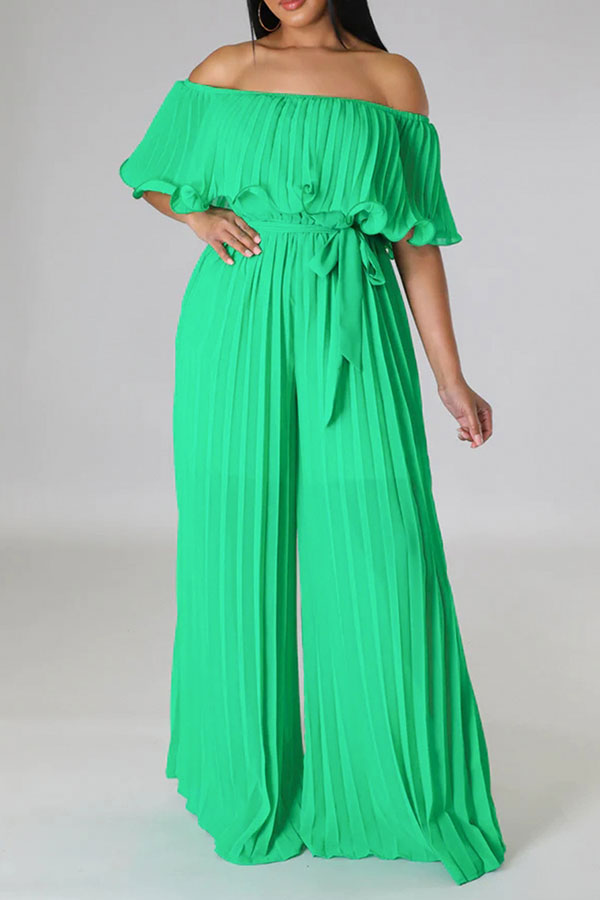 storexq Solid Color Classic Layered Pleated Jumpsuit With Belt