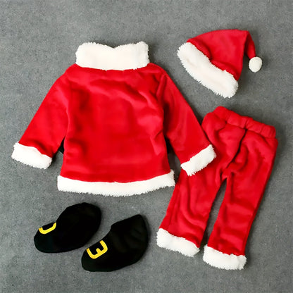 Adorable 4pcs Santa Claus Costume Set for Youngsters - Red Polyester Outfit with Lapel Jacket, Pants, Hat & Shoe Covers - Perfect for Christmas Parties