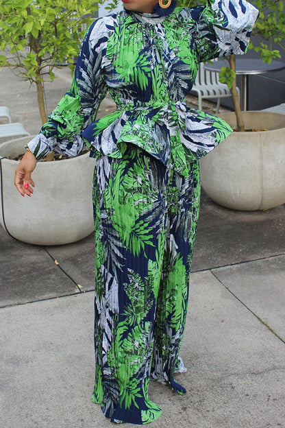 storexq Leaf Print Glamorous Peplum Pleated Pant Suit