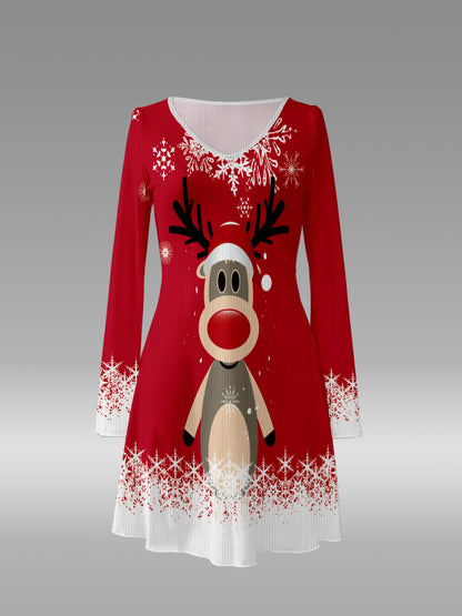 Women'S Christmas Reindeer Print Dress - V-Neck, Short Sleeve, A-Line Skirt, Polyester, No Bra Pad, Asymmetrical, All-Season Fashion Dress