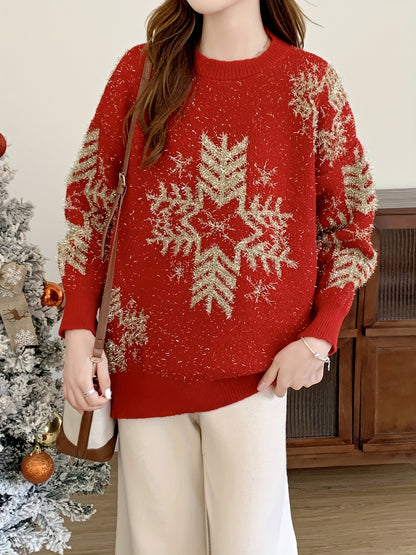 Cozy Women's Christmas Snowflake Pattern Crew Neck Pullover Sweater, Casual Long Sleeve Loose Fit Sweater for Winter