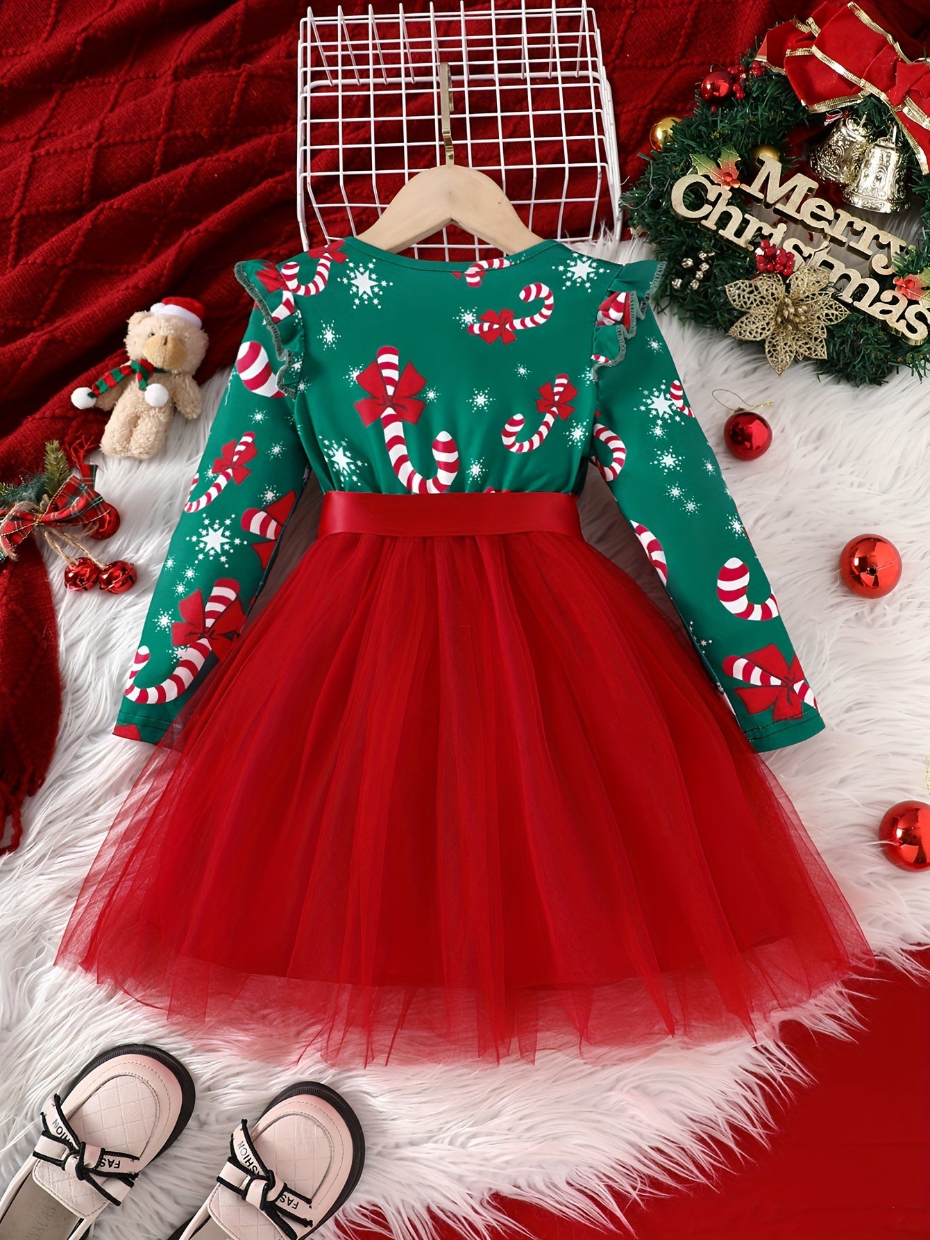 Long Sleeve Girls' Winter Christmas Party Princess Dress With Mesh Hem & Lining, Ribbon Belt, Holiday Fun