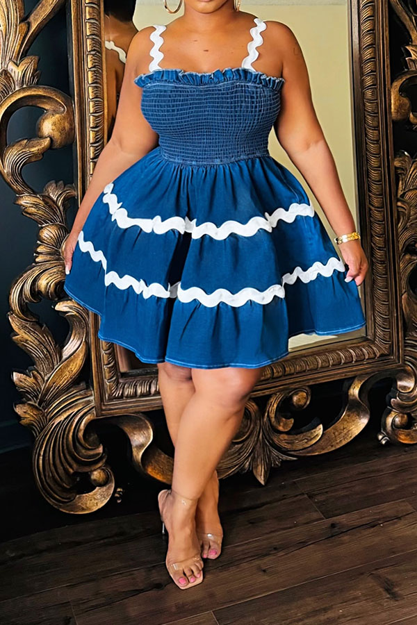 storexq Hit Color Patchwork Denim Cute Tiered Babydoll Mini Dress