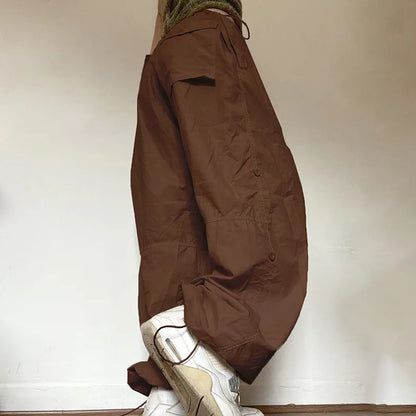 Women's Pants Capris Baggy Cargo Parachute Pants Y2k Jogger Trousers Brown Wide Leg Retro Old School Hip Hop Adjustable Button For Ladies Women Fall 220916