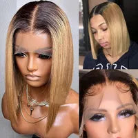 Brazilian Straight Short Bob Wigs Curly Styled Bangs Lace Frontal Human Hair Wigs Ombre Honey Blonde Colored Lace Frontal Wig Preplucked