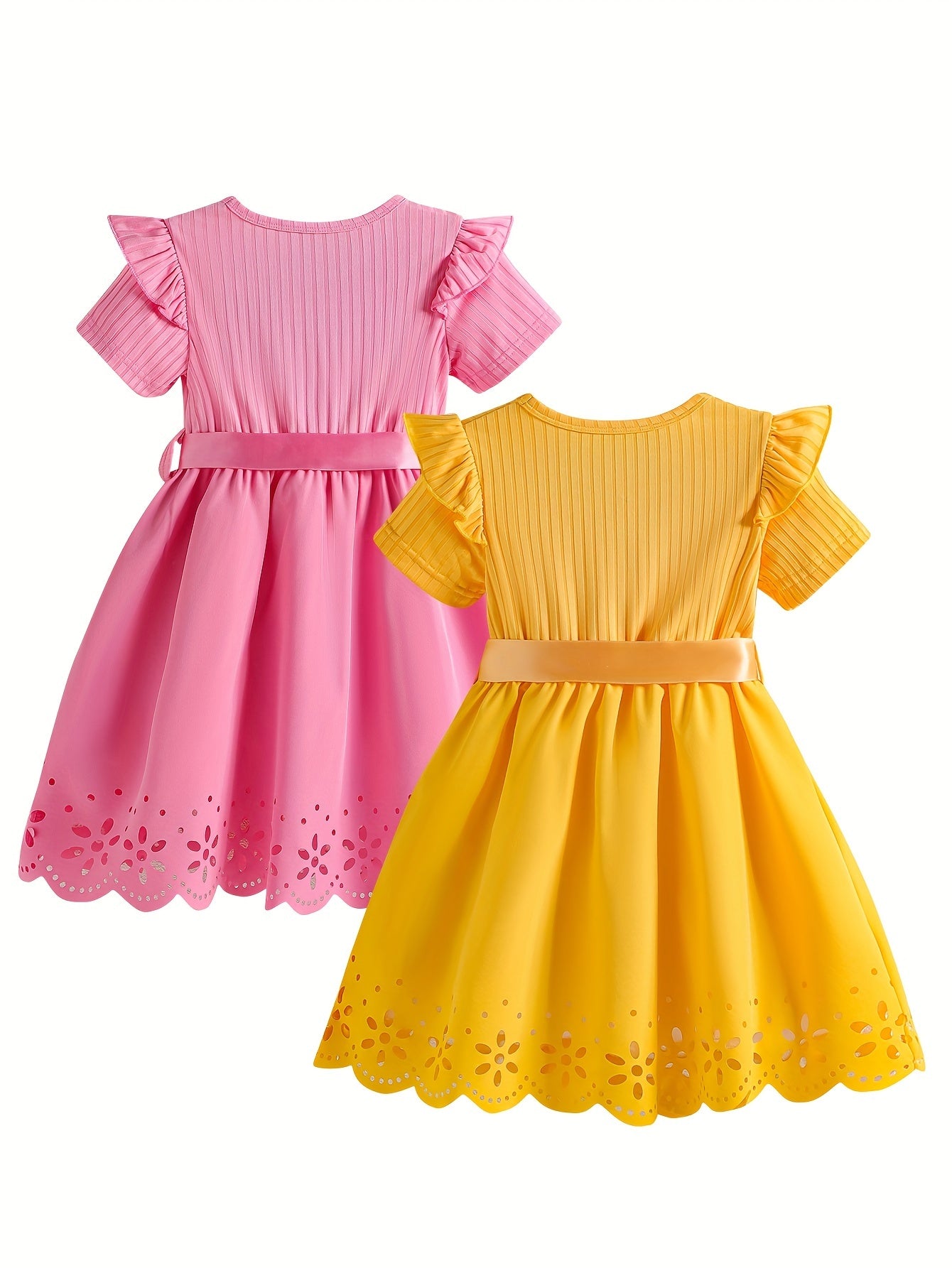 2-Pack Adorable Girls Cartoon Print Dresses - Short Sleeve, Princess Lettering, Butterfly Bow Belt, Hollow-Out Design, Round Neck, Casual Style, Slight Stretch, Polyester Fabric, Alphabets Pattern, Perfect for Summer