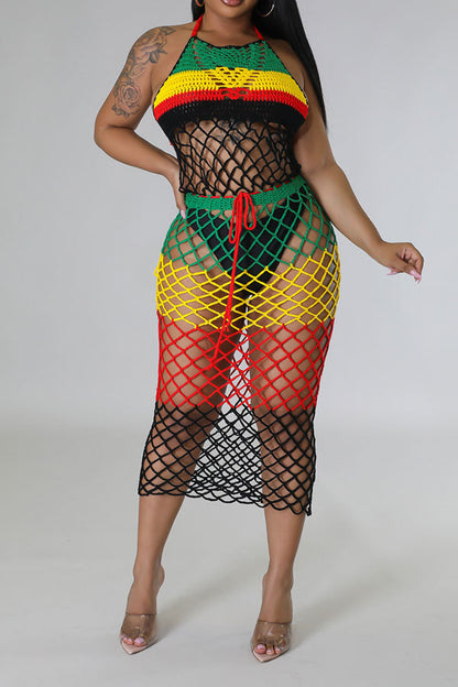 storexq Color Block Pretty Crochet Hollow-Out Skirt Suit Beachwear