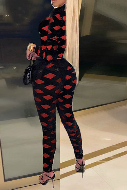 storexq Geometric Print Zipper Flattering Bodycon Jumpsuit