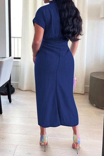 storexq Solid Color Single Breasted On-trend Tie Front Ruched Denim Midi Dress