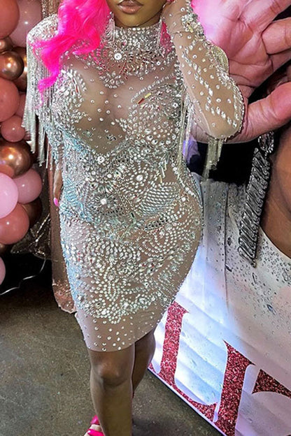 storexq Rhinestone Glamorous See-Through Mini Dress