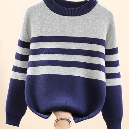 Cozy Boys' Striped Sweater - Soft, Thick, Warm, and Stretchy Round Neck Long Sleeve Knit Pullover Top for Outdoor Play - Kids' Winter Clothing for Cold Weather