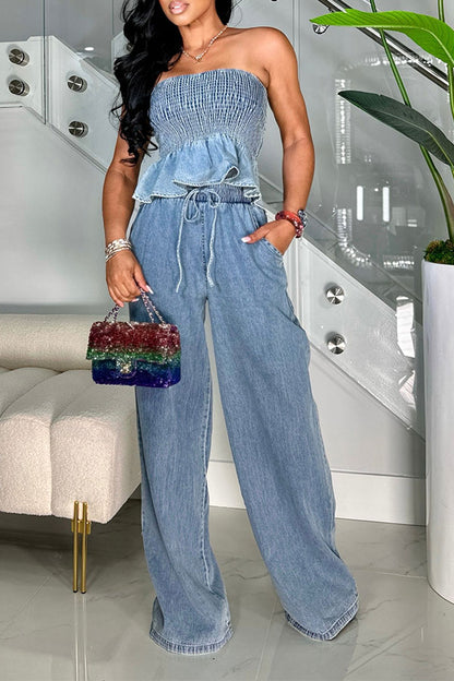 storexq Washed Denim Strapless Ruffled Smart Pant Suit