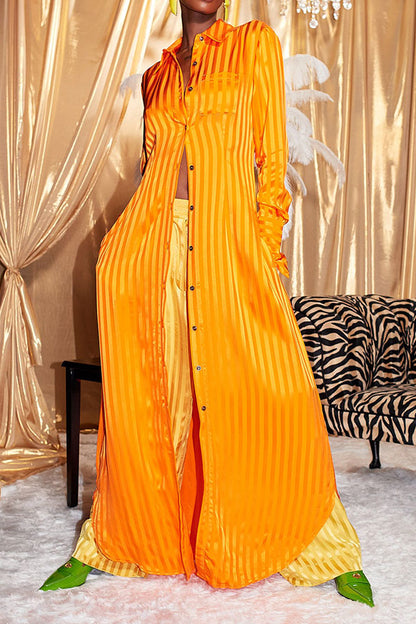 storexq Vertical Striped Shirt Collar Laid Back Button Maxi Dress