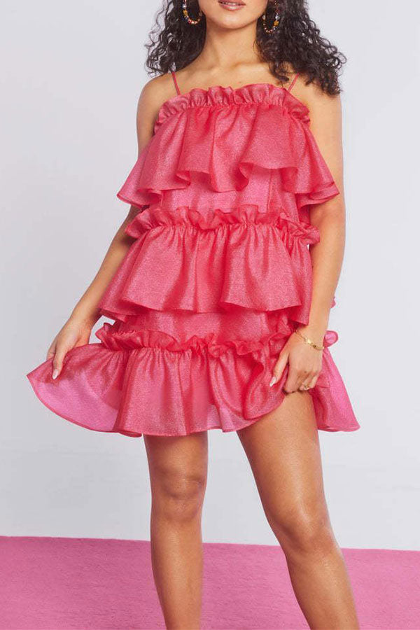 storexq Solid Color Pretty Tiered Ruffle Mini Dress