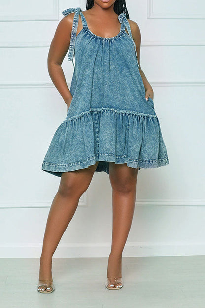 storexq Denim Girly Tie Strap Ruffle Swing Mini Dress