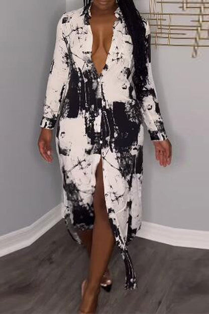 storexq Abstract Ink Print Cozy Side Split Midi Dress