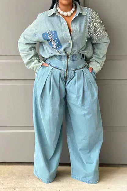 storexq Rhinestone Cool Irregular Denim Shirt