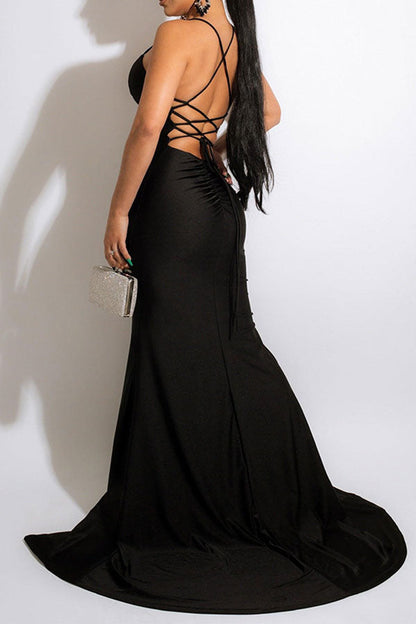 storexq Solid Color Undeniable Strappy High Split Maxi Dress