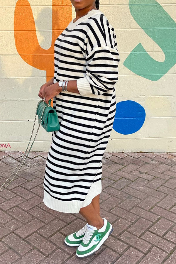 storexq Striped Patchwork Laid Back Midi Dress