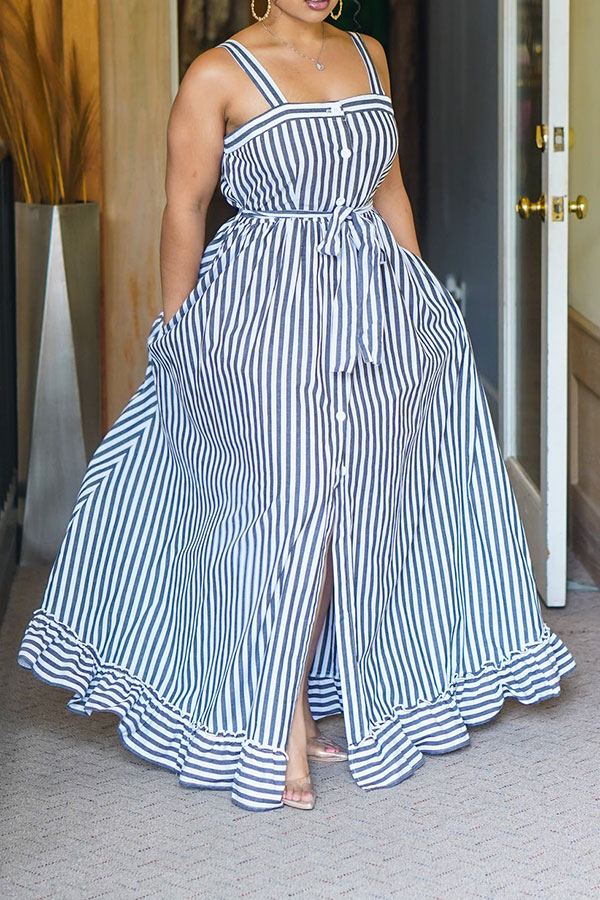 storexq Striped Classic Button Down Belted Midi Dress