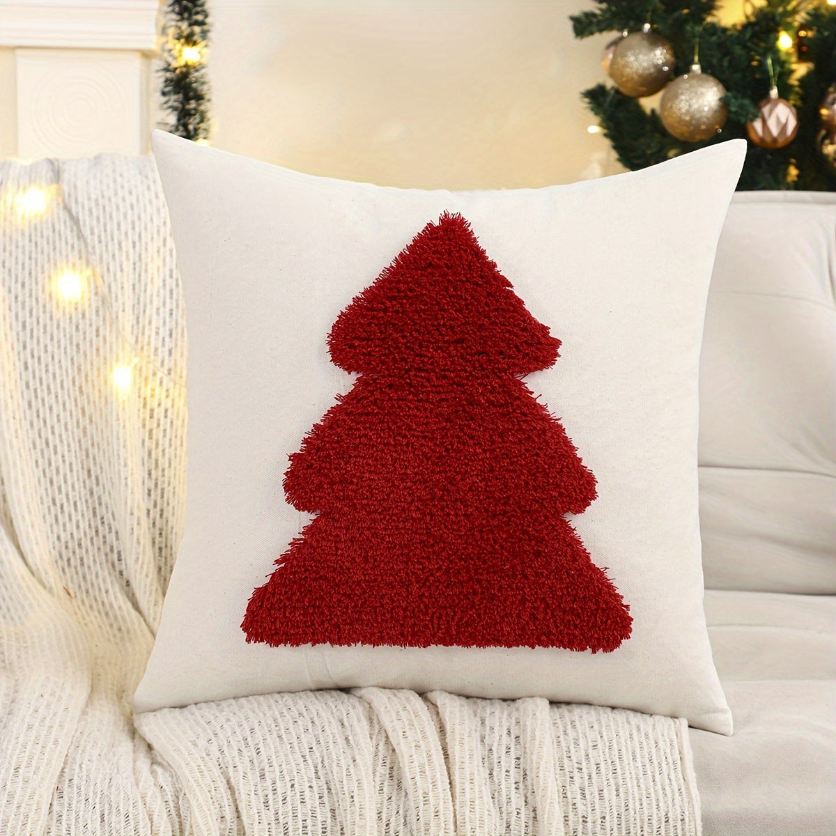 1pc Traditional Style Christmas Tree Embroidered Throw Pillow Cover, Geometric Pattern, Cotton Blend, Zip Closure, Hand Wash Only, for Living Room Decor - Festive Holiday Cushion Case