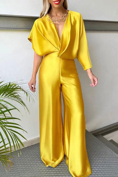 storexq Solid Color Elegant Asymmetric Sleeve Open Back Jumpsuit