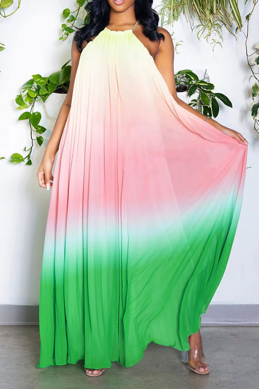 storexq Gradient Simple Backless Flowy Pleated Maxi Dress