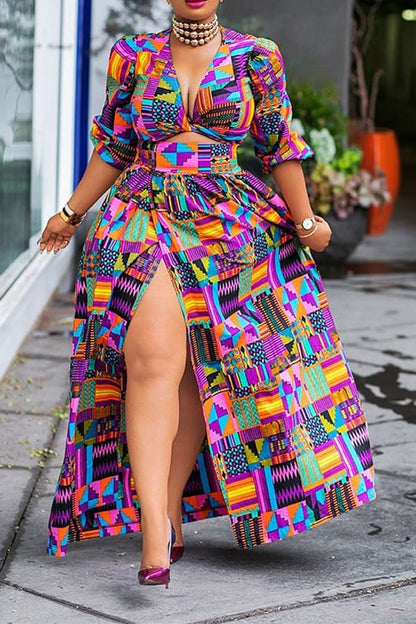 storexq Geometric Print Colorful Twisted High Split Dress Suit