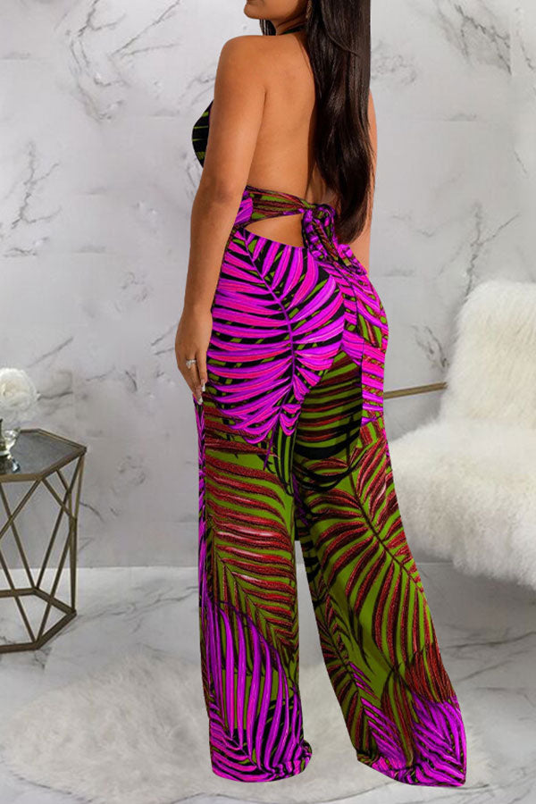 storexq Leaf Print Tropical Backless Lace-Up Jumpsuit