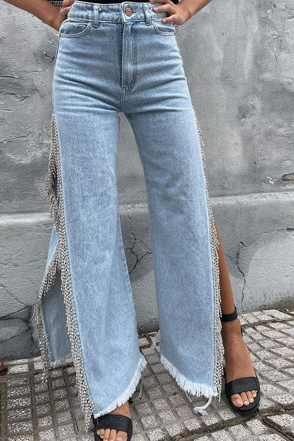 storexq Solid Color Urban High Split Tassel Trim Jeans