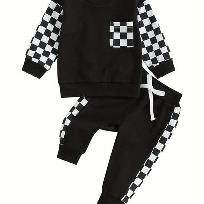 Toddler Boys Fall Outfits Checkerboard Patchwork Crew Neck Long Sleeve Sweatshirts and Elastic Waist Long Pants Set 2Pcs Winter Clothes