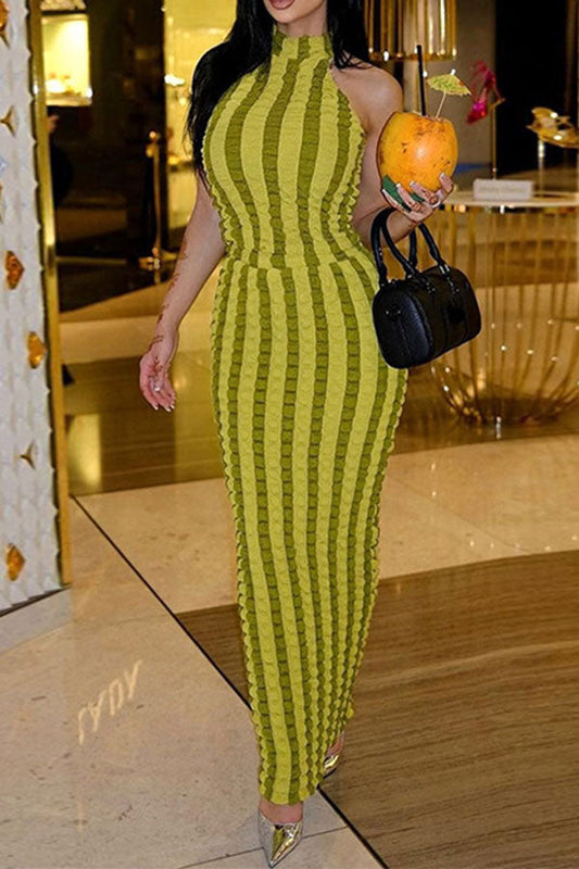 storexq Color Block Striped Modern Bubble Texture Maxi Dress