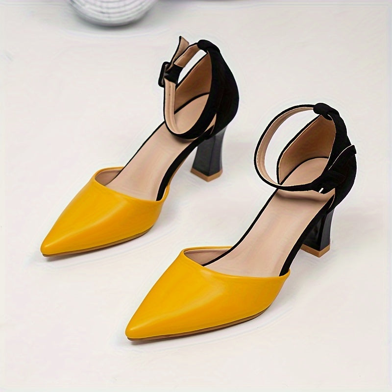 Mid Heel Stiletto Ankle Strap Colorblock Shoes - Elegant Pointed Toe Versatile Summer Shoes with Synthetic Leather Upper and Rubber Sole - All-Season Fashionable Chunky Heel Shoes for Women