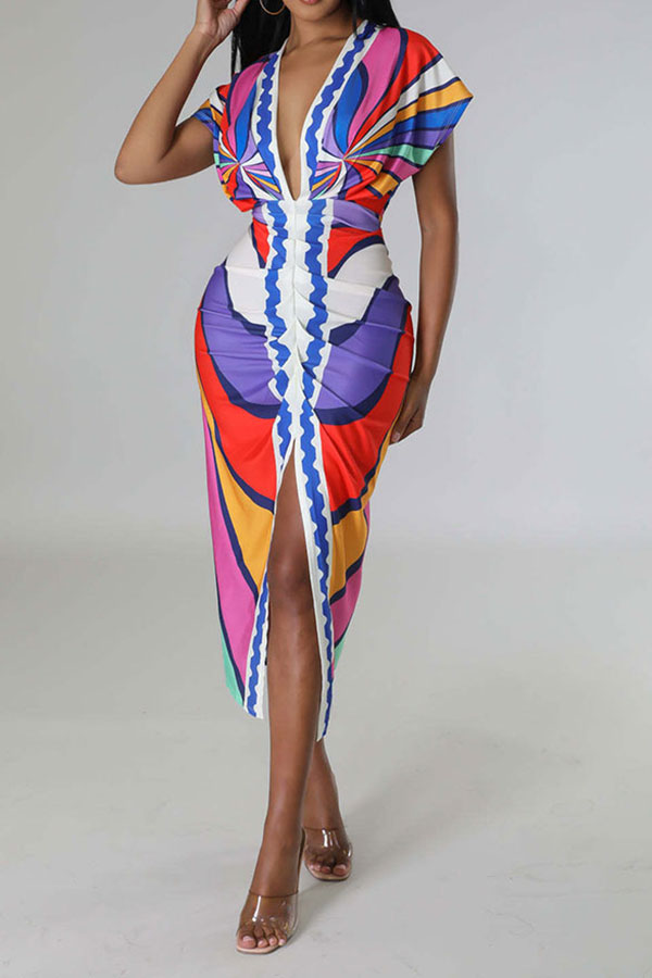 storexq Tribal Print Feminine Draped High Split Midi Dress