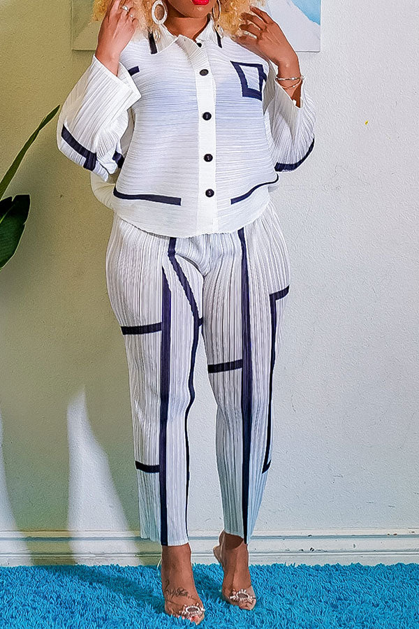 storexq Striped Patchwork Modern Pleated Pant Suit