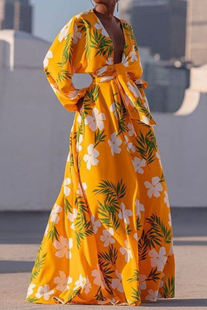 storexq Floral Print Stunning Deep V Neck Lace-Up Maxi Dress